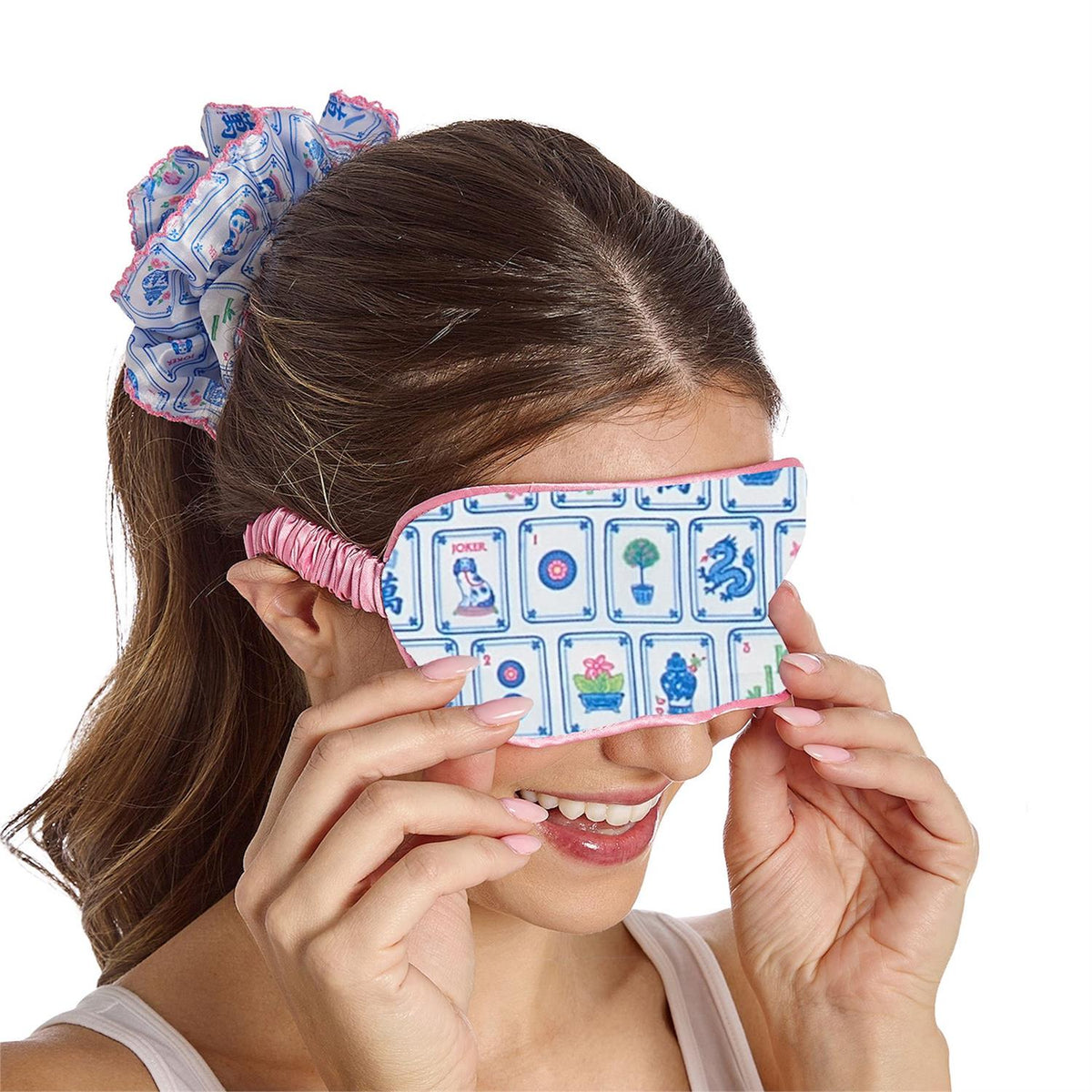 Two's Company Pagoda Party Mahjong Sleep Mask and Ruffle Scrunchie Set with Matching Drawstring Gift Bag