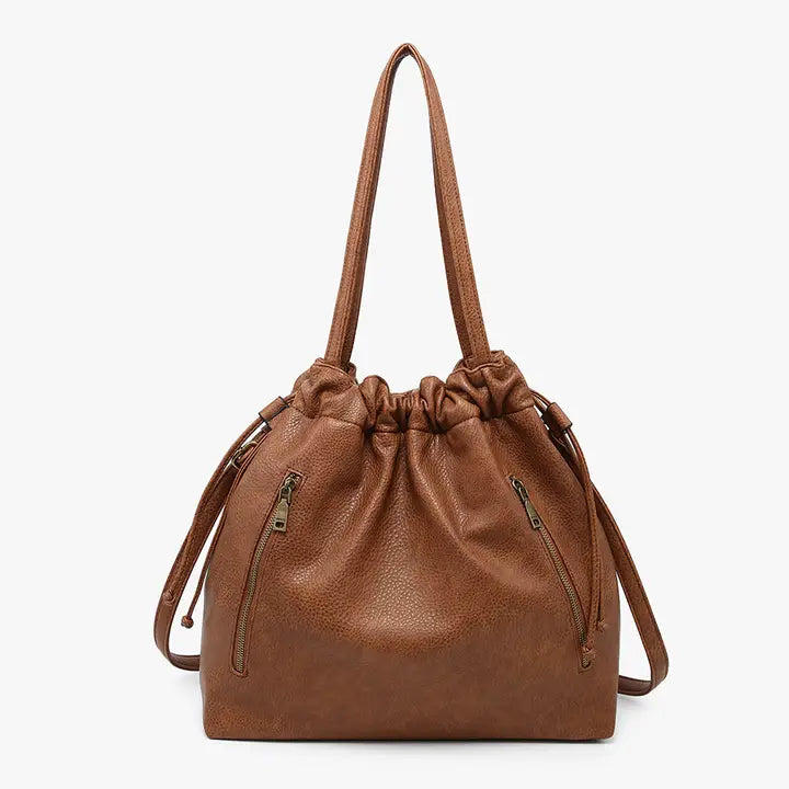 Jen & Co Finley Distressed Drawstring Tote w/ Dual Pockets-Brown