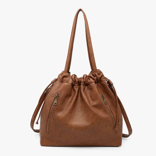 Jen & Co Finley Distressed Drawstring Tote w/ Dual Pockets-Brown