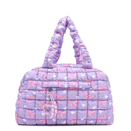 OMG Accessories Quilted Scrunchies Floral Bow Printed Medium Duffle Bag