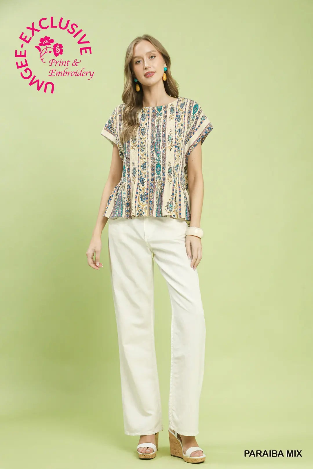 Umgee Linen Printed Cap Sleeve Top