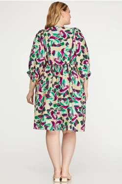 SHE & SKY PUFF SLEEVE CONTRAST PIPING PRINT WOVEN DRESS