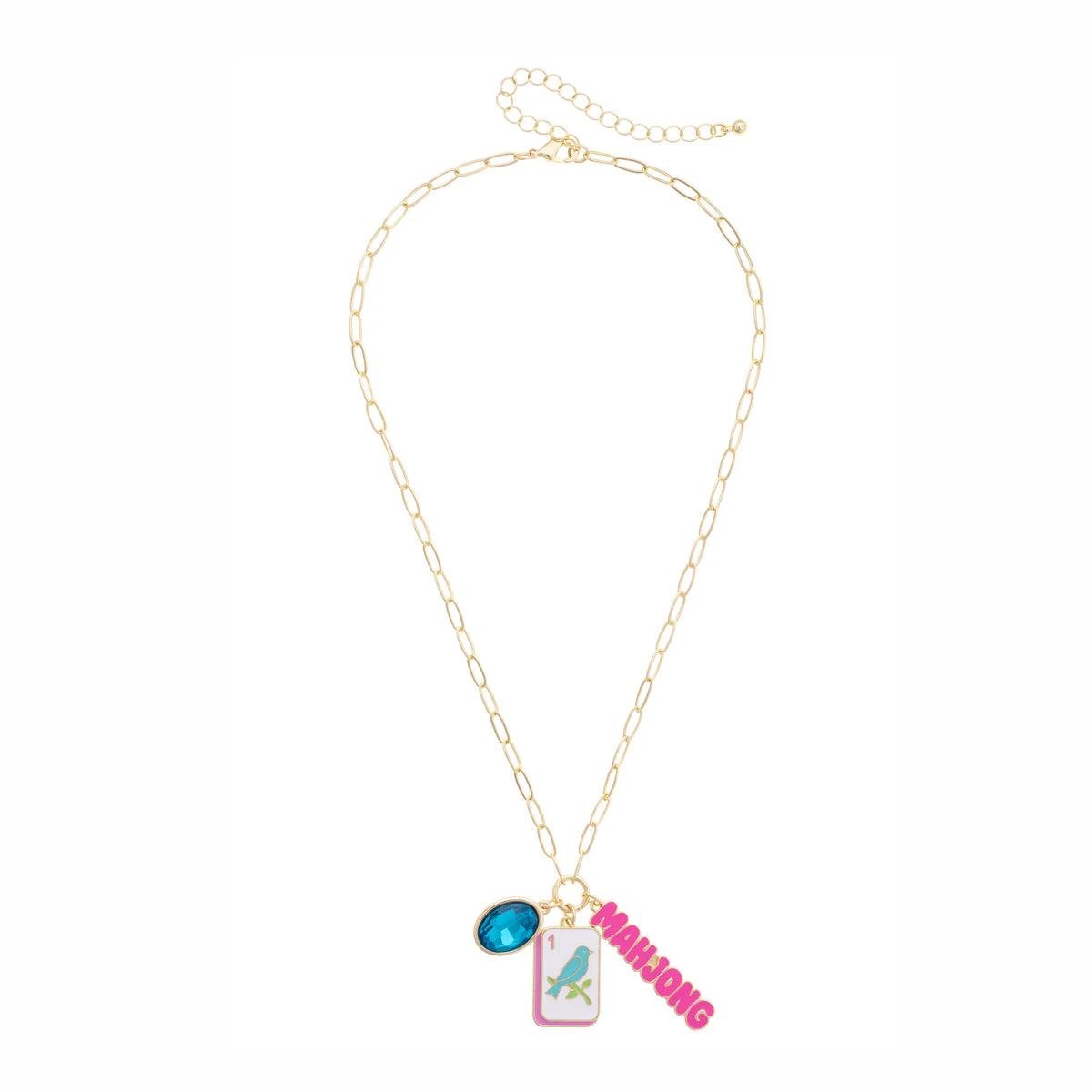 Canvas Style Bird Bam Charm Necklace in Aqua, Light Pink, & Shiny Gold