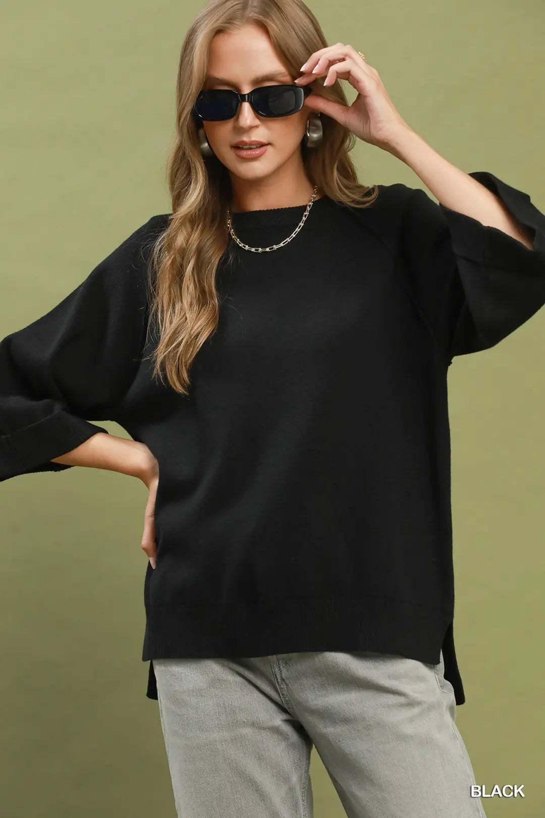 Umgee Crewneck Pullover Sweater Knit Top-Black