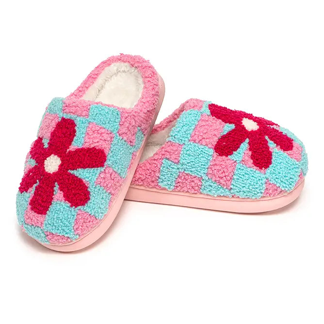 Living Royal Indoor / Outdoor Slippers - Kids- Checker W/Red Flower -Pink