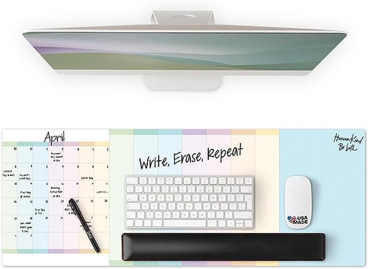 M.C. Squares 3-in-1 Dry Erase Desk Mat, Mouse Pad & Calendar | Erasable Writing White Board | Large Non-Slip Desktop Protector for Office, Home, School | Includes Wet Erase Marker | 34"x13"