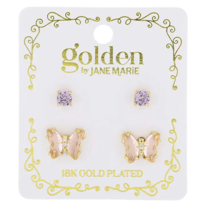 Jane Marie Kids 18K Gold Plated Stud Set, Crystal, Butterfly Earrings