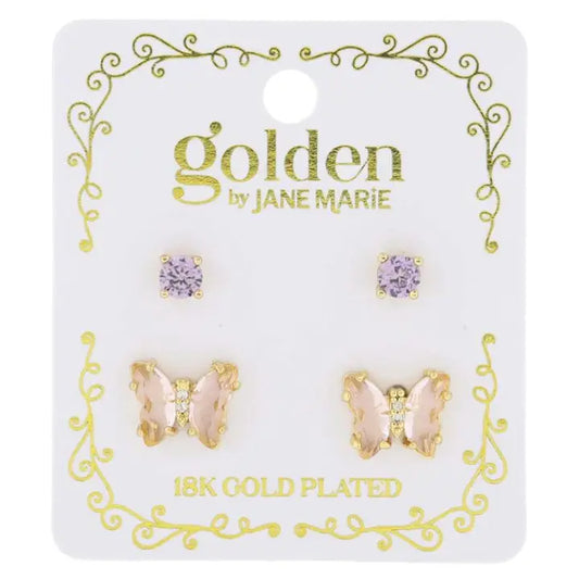 Jane Marie Kids 18K Gold Plated Stud Set, Crystal, Butterfly Earrings