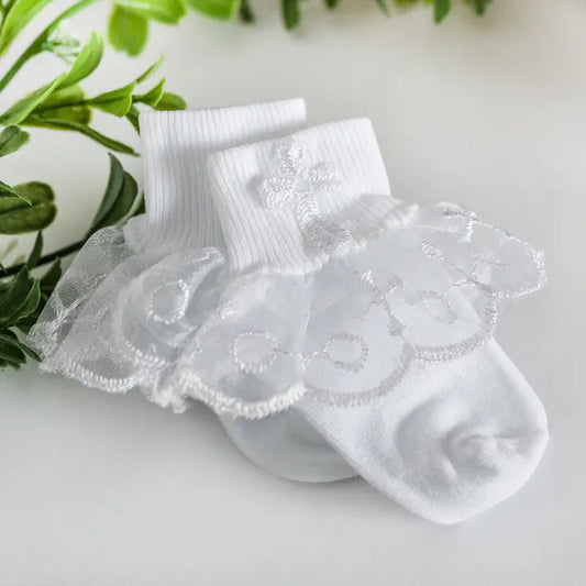 Cherished Moments White Baby Girl Lace Baptism or Christening Socks with Cross