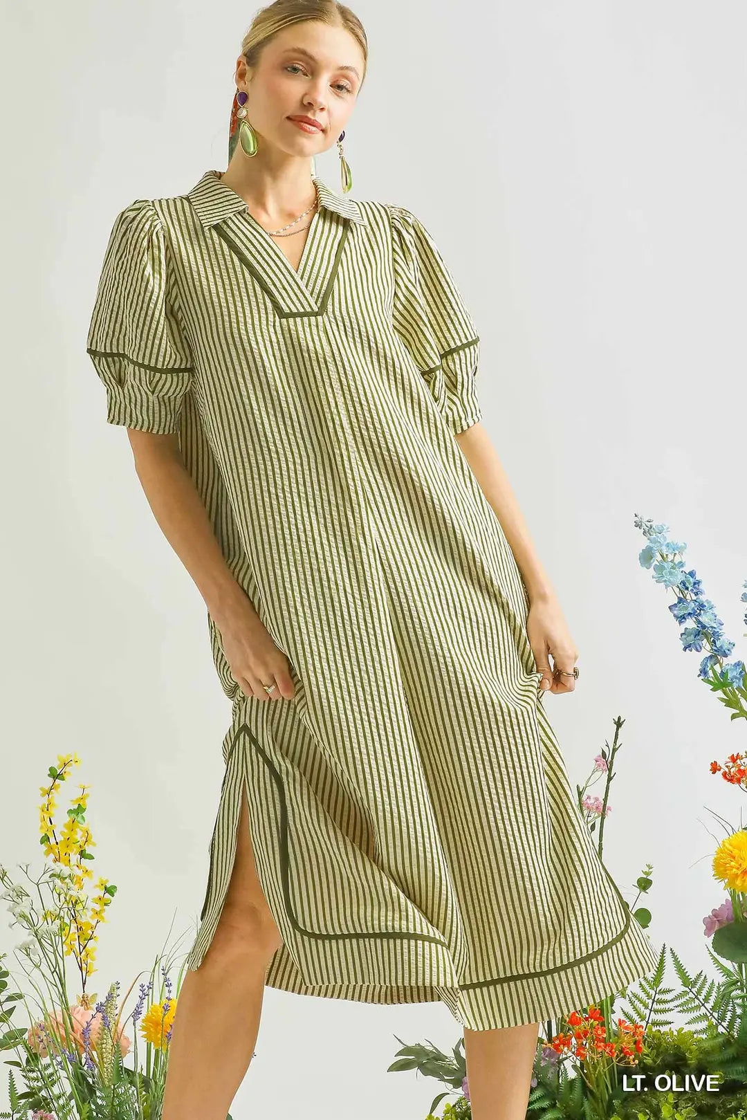 Umgee Striped Midi Dress with Puff Sleeves