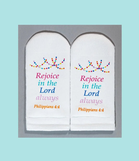 Standing on the Word Socks Pompoms with Verse: Phil.4;4 Rejoice in the Lord always