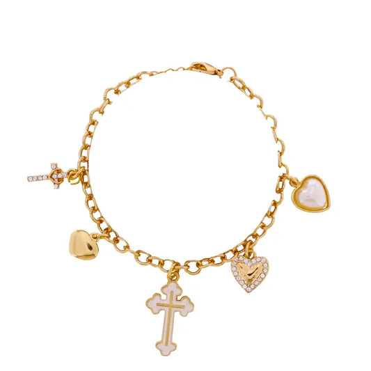 Jane Marie Kids Gold Circle Chain Bracelet with Crosses & Heart Charms