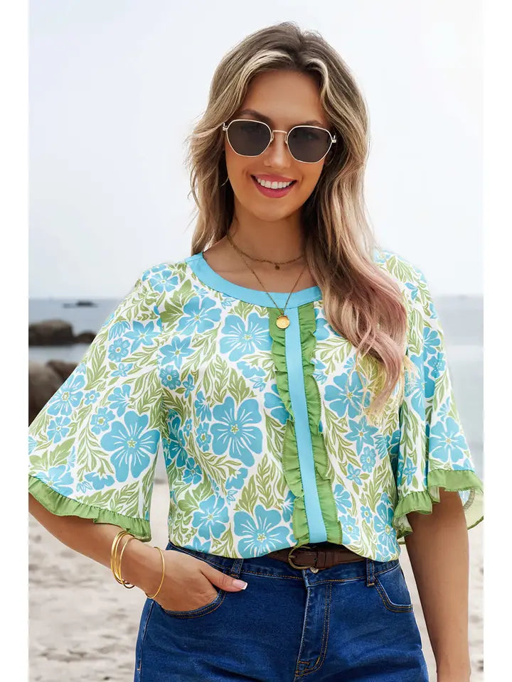 Floral Printed Lace Decorative Shorts Sleeve Top