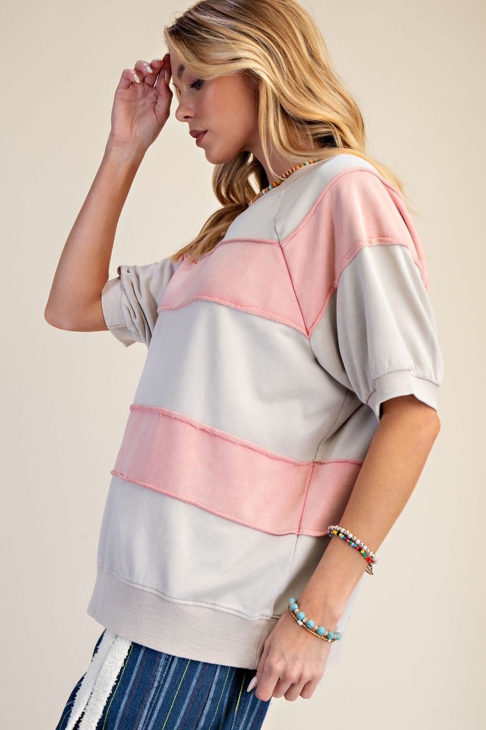 EASEL RUGBY STRIPE MINERAL WASHED BOXY TOP-KHAKI