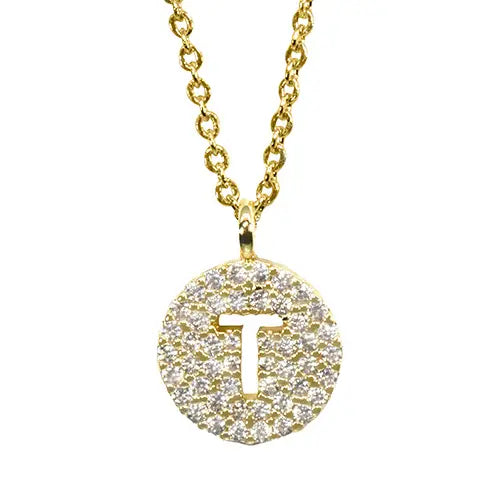 Maya J Yellow Initial Cut Out Pave Disc Necklace-T