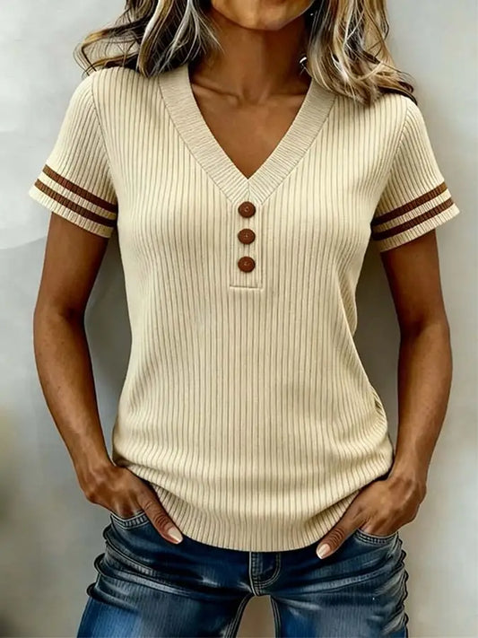 V Neck Ribbed Knit Striped Trim Short Sleeve Sweater