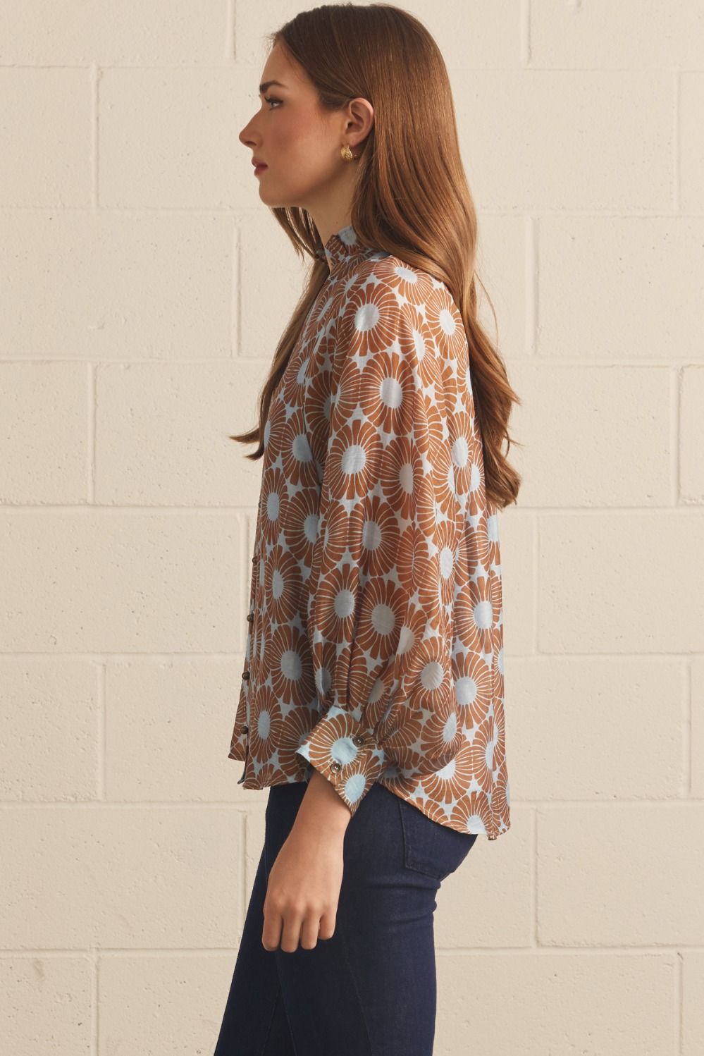 Entro Floral Long Puff Sleeve Top Featuring Ruffled Mock Neck-Blue Camel