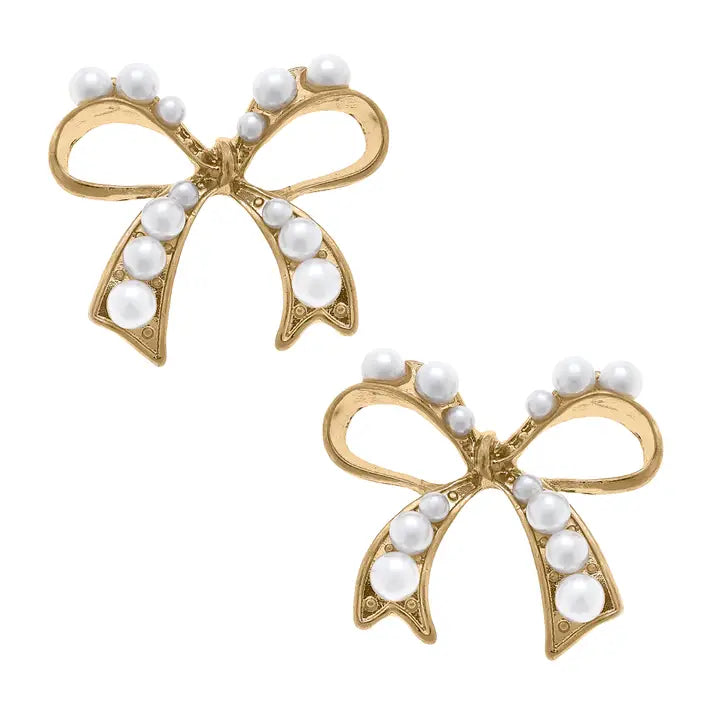 Canvas Style Harper Pearl-Studded Bow Stud Earrings in Ivory
