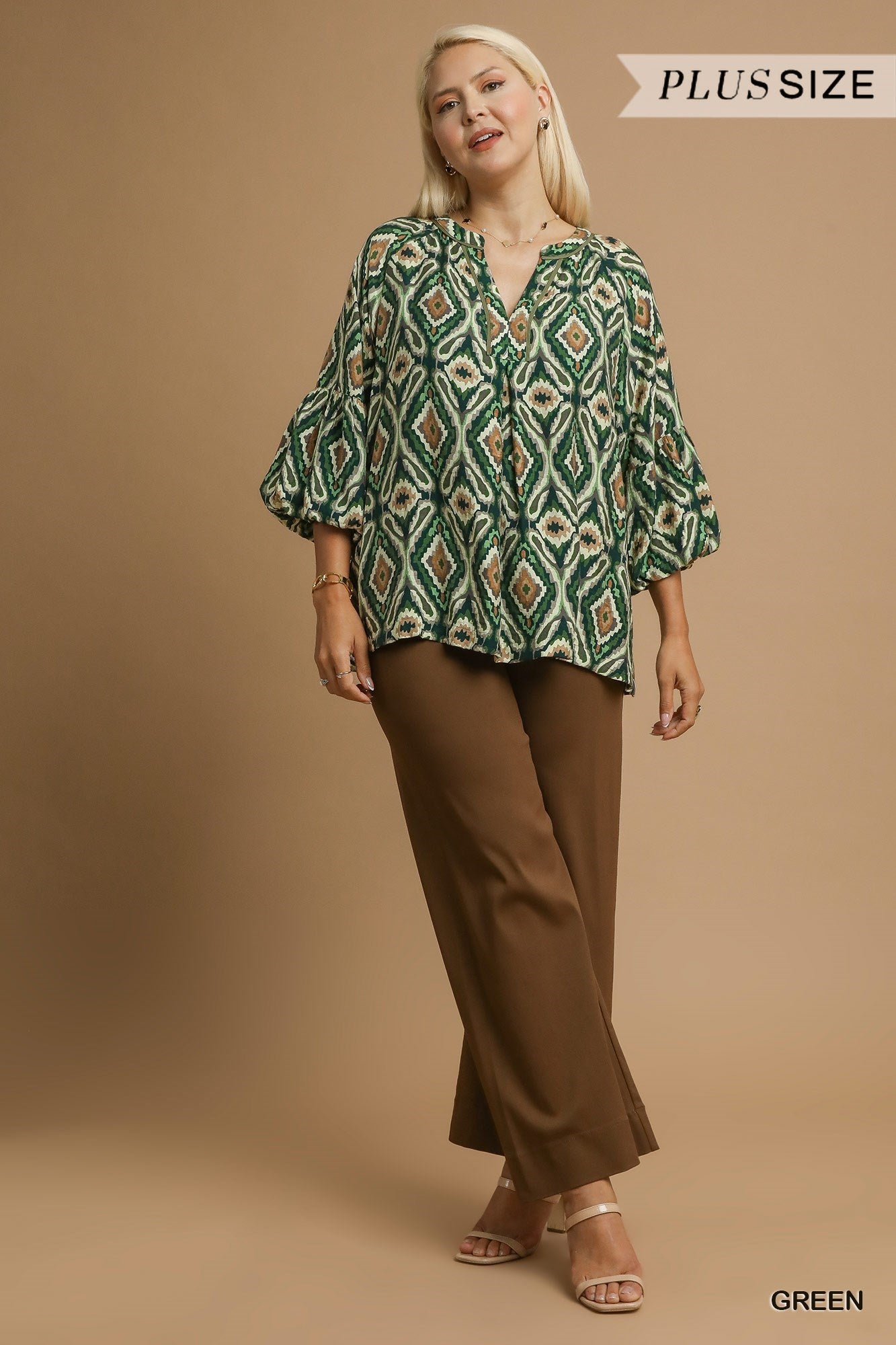 Umgee Boho Geo Print Ruffle Sleeve Top