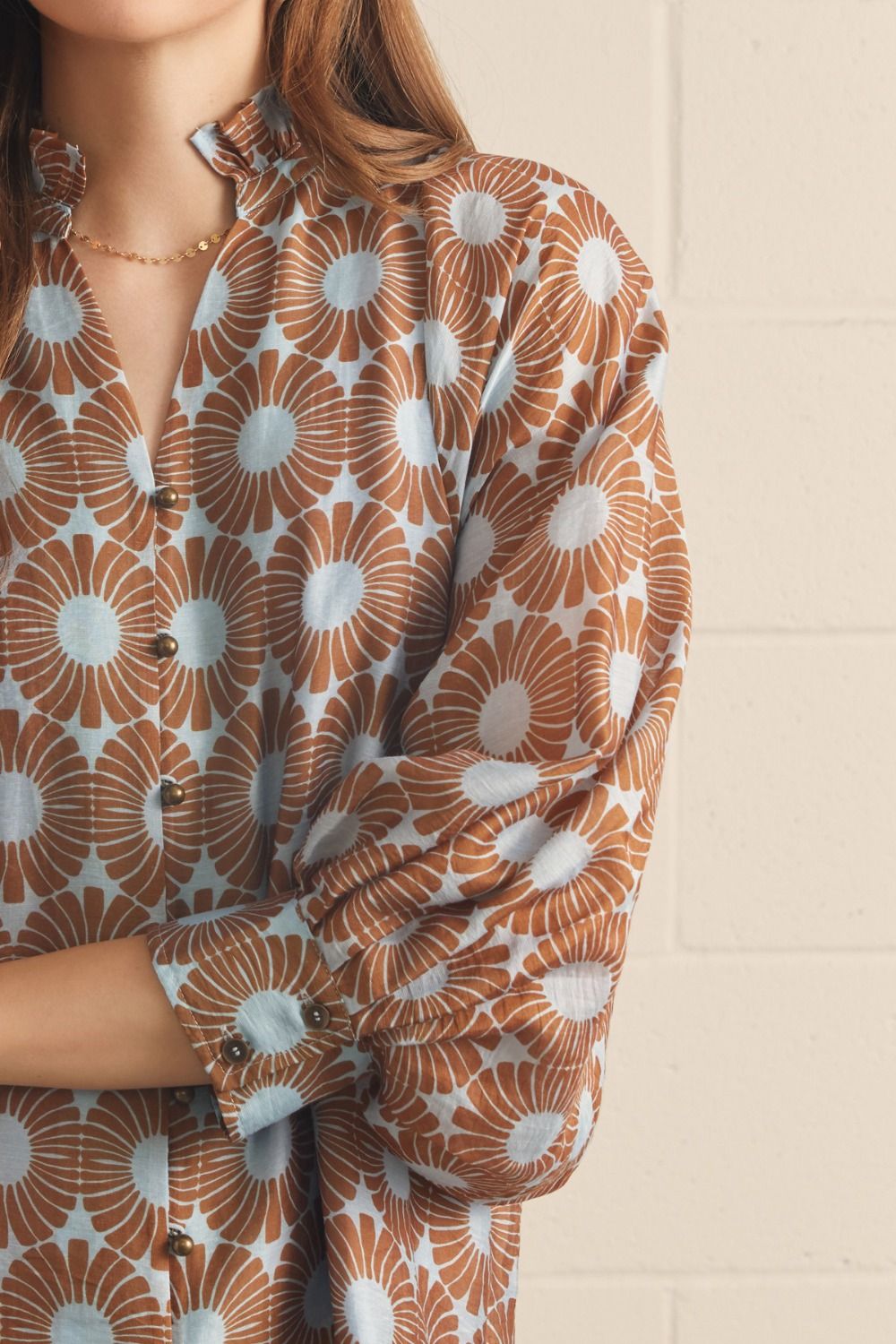 Entro Floral Long Puff Sleeve Top Featuring Ruffled Mock Neck-Blue Camel