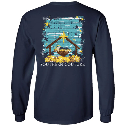 SOUTHERN COUTURE CLASSIC AWAY IN A MANGER SCENE HOLIDAY LONG SLEEVE T-SHIRT