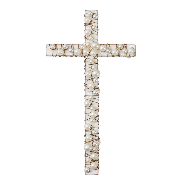 MUD PIE WOOD CROSS WITH PEARLS