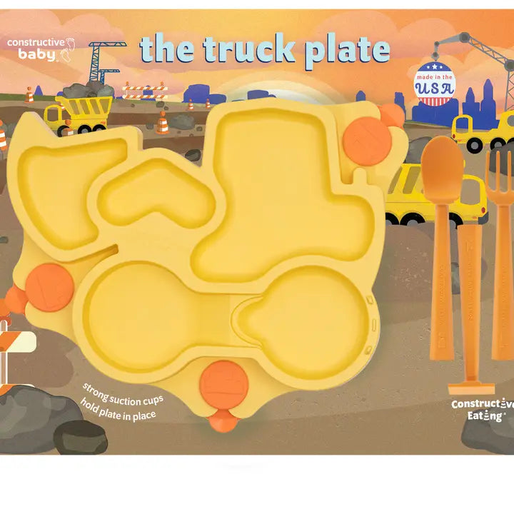 Constructive Eating Baby Truck Suction Plate and Training Utensils