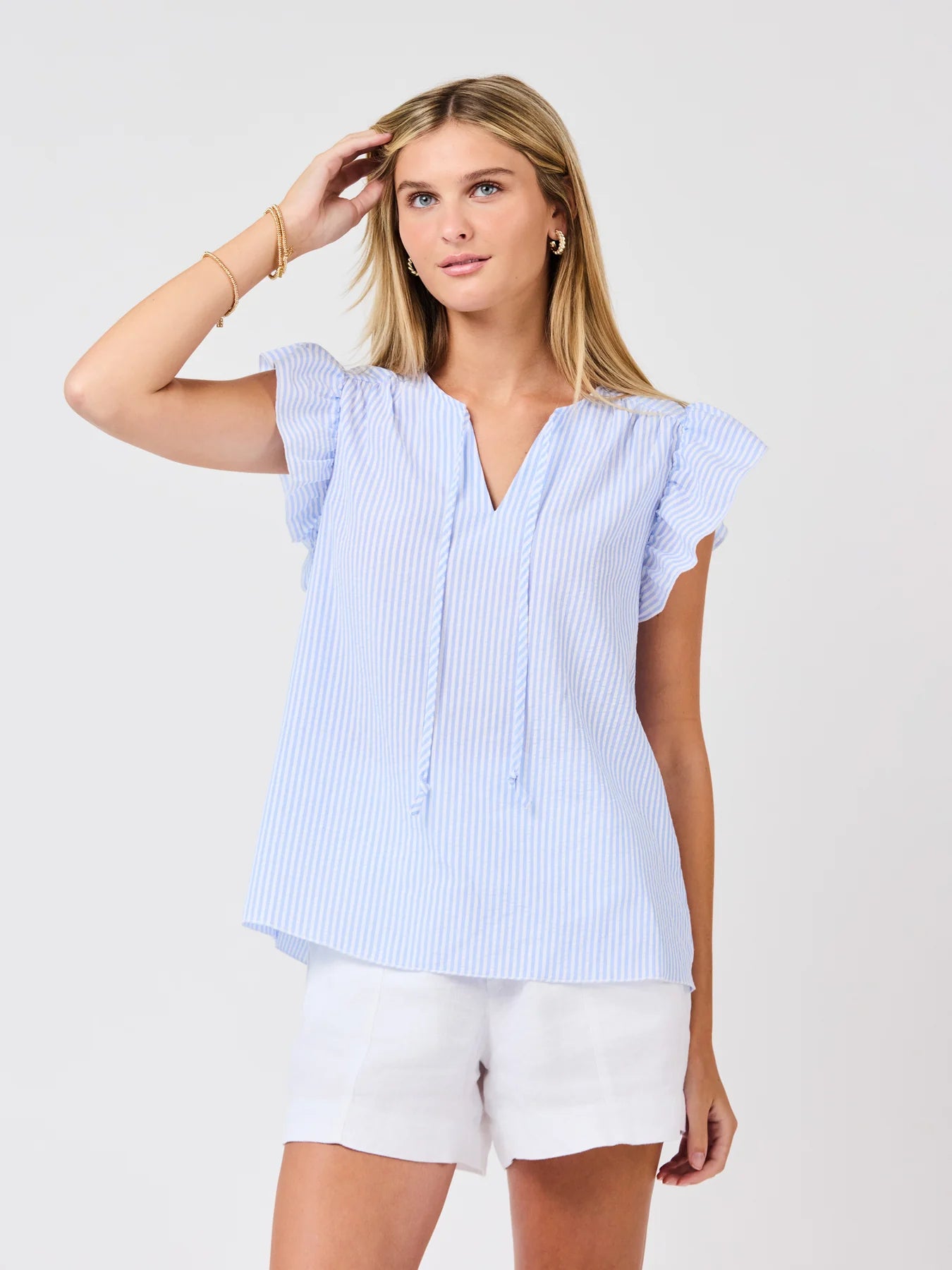 Mary Square Lydia Seersucker Top | Blue + White