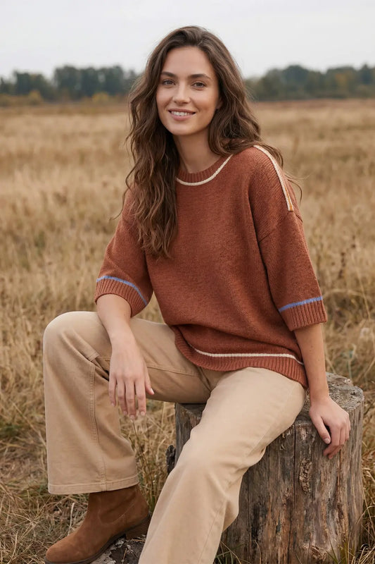 SHE + SKY 1/2 SLEEVE CONTRAST LINED SWEATER