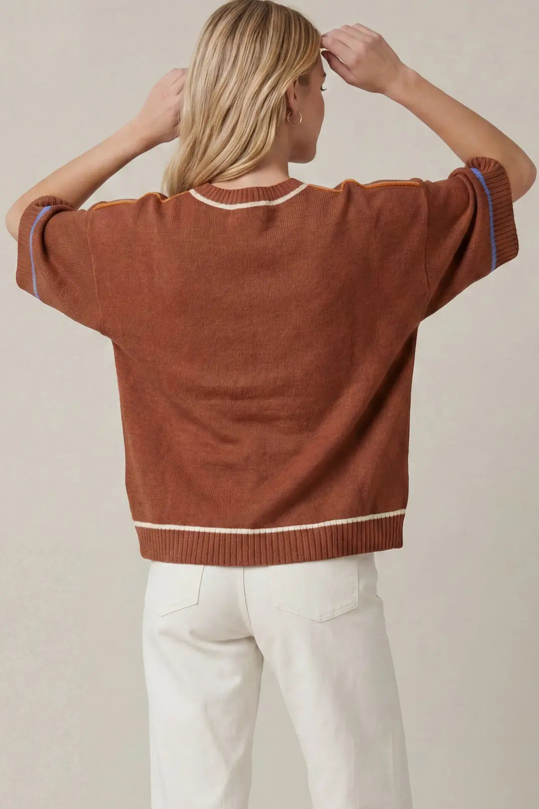 SHE + SKY 1/2 SLEEVE CONTRAST LINED SWEATER