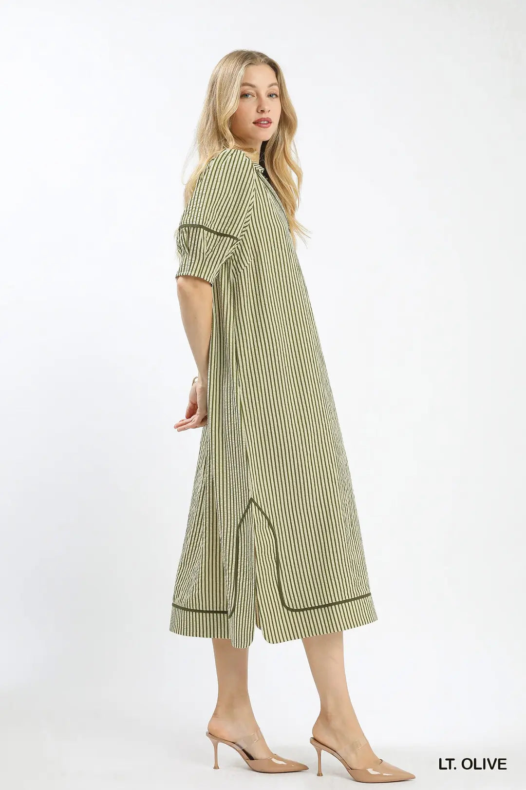 Umgee Striped Midi Dress with Puff Sleeves