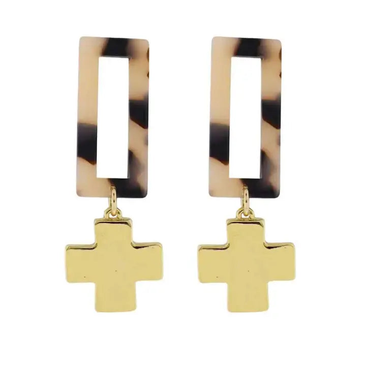 Jane Marie Gold Brown Resin Open Square Earring w/ Gold Cross