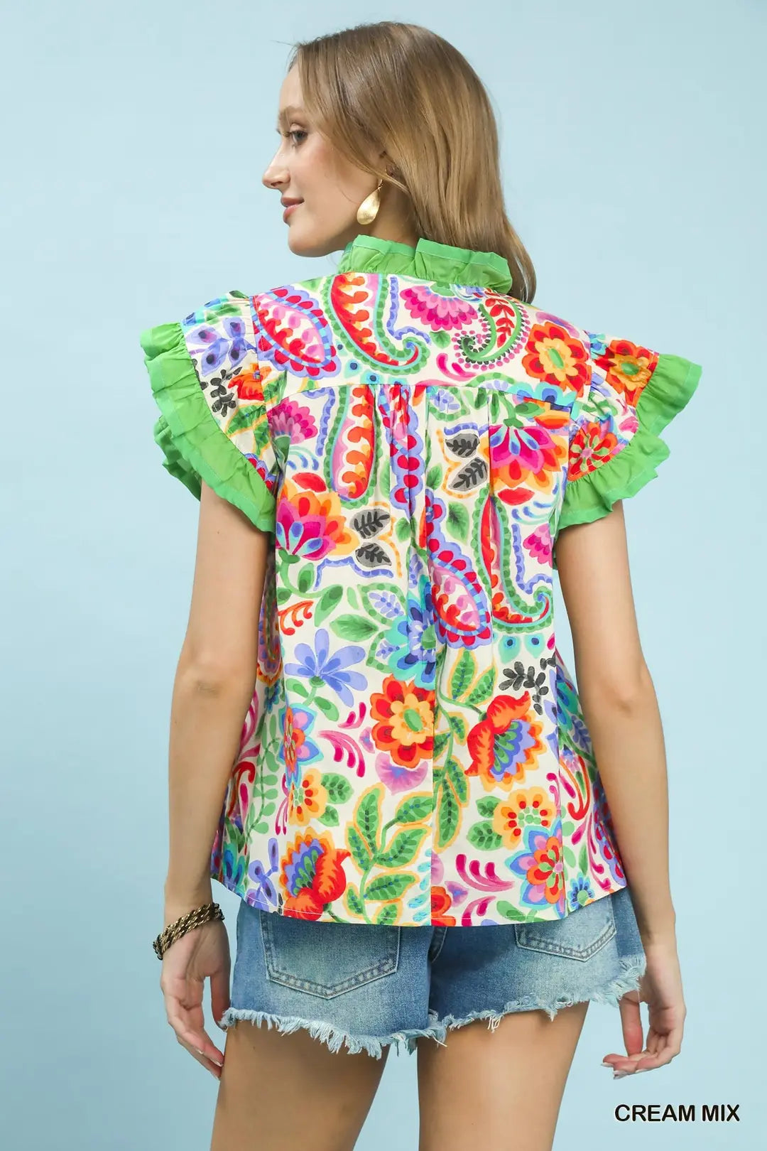 Umgee Ruffle Trim Paisley Floral Top