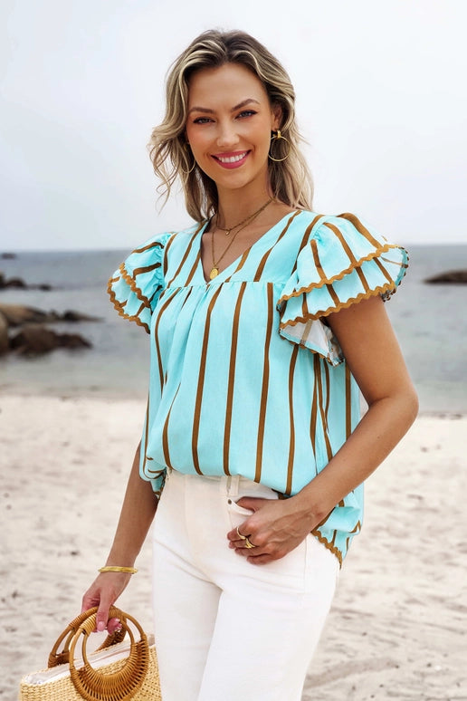 Ricrac Trim Double Ruffled Short Sleeve V Neck Blouse