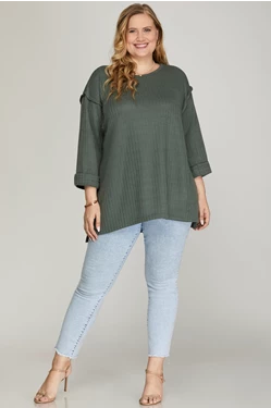 She + Sky 3/4 FOLDED SLEEVE KNIT TOP-Slate