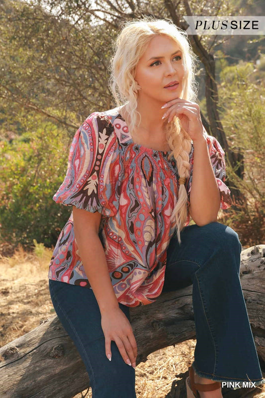 Umgee Plus Size Smock Square Neck Short Sleeve Print Top