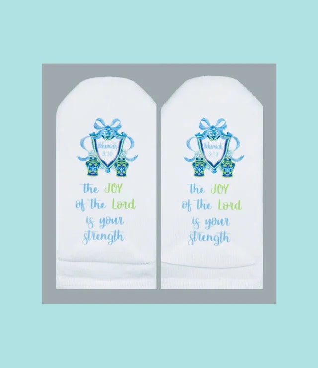 Standing on the Word Socks Crest with verse: Nehemiah 8:10 Joy of the Lord