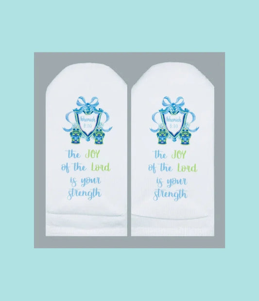 Standing on the Word Socks Crest with verse: Nehemiah 8:10 Joy of the Lord