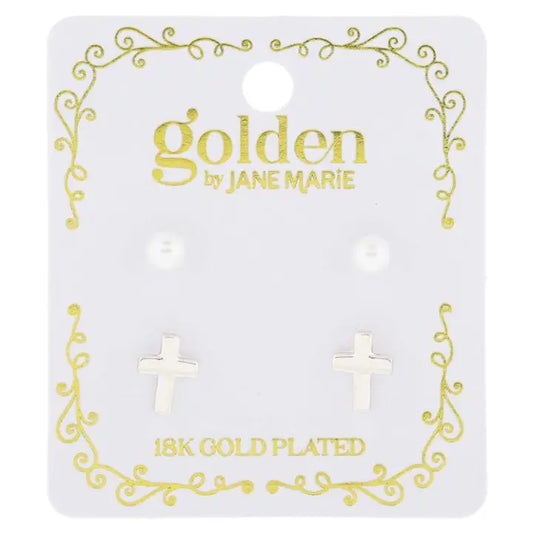 Jane Marie Kids 18K White Gold Plated 2 Stud Set, Pearl, Cross Earrings