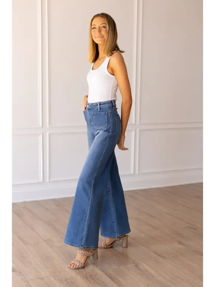 Grace + Emma Medium Wash Wide Leg Flare with Front Pockets