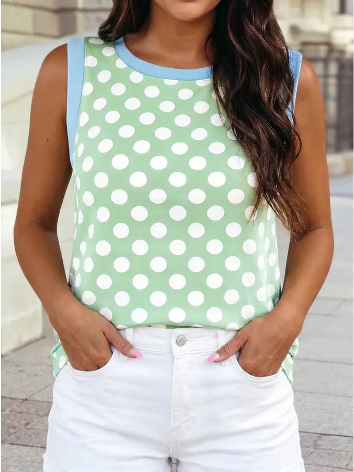 Polka Dot Contrast Trim Round Neck Loose Tank Top
