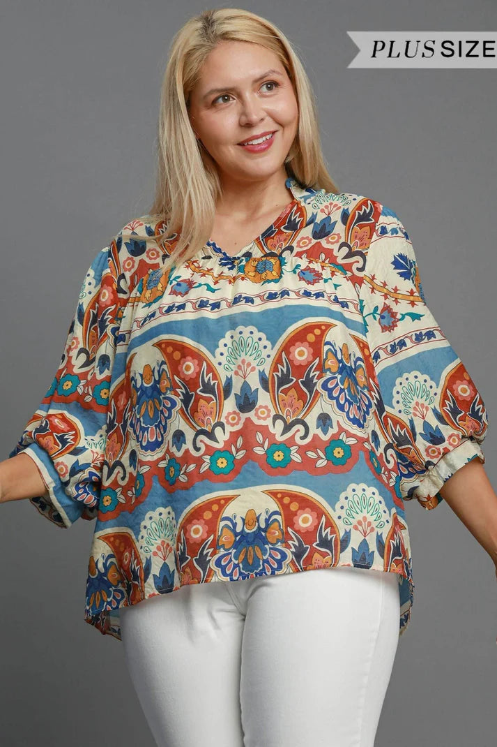 Umgee  Split Neck Print Top-Blue Mix