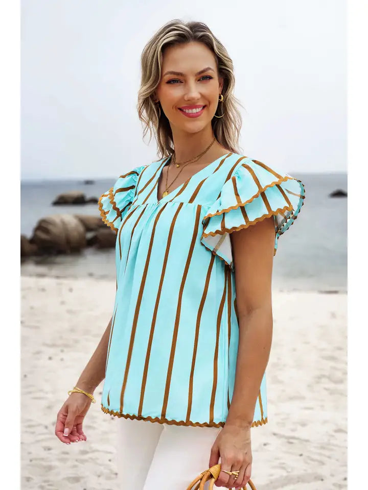 Ricrac Trim Double Ruffled Short Sleeve V Neck Blouse
