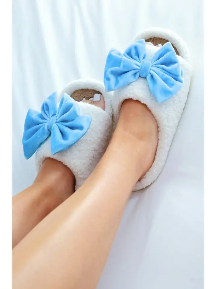Jess Lea Open Toe Cozy Bow Slippers- White/Blue