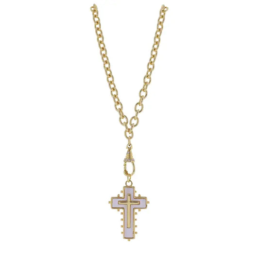 Jane Marie 18K Gold Plated O Chain Necklace with White, Gold Cross