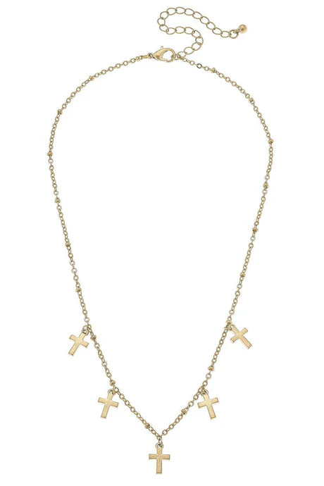 Canvas Style Mason Cross Charm Station Necklace in Worn Gold