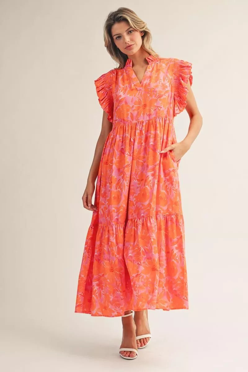 Jodifl Ruffled Cap Sleeves Tropical Floral Midi Dress