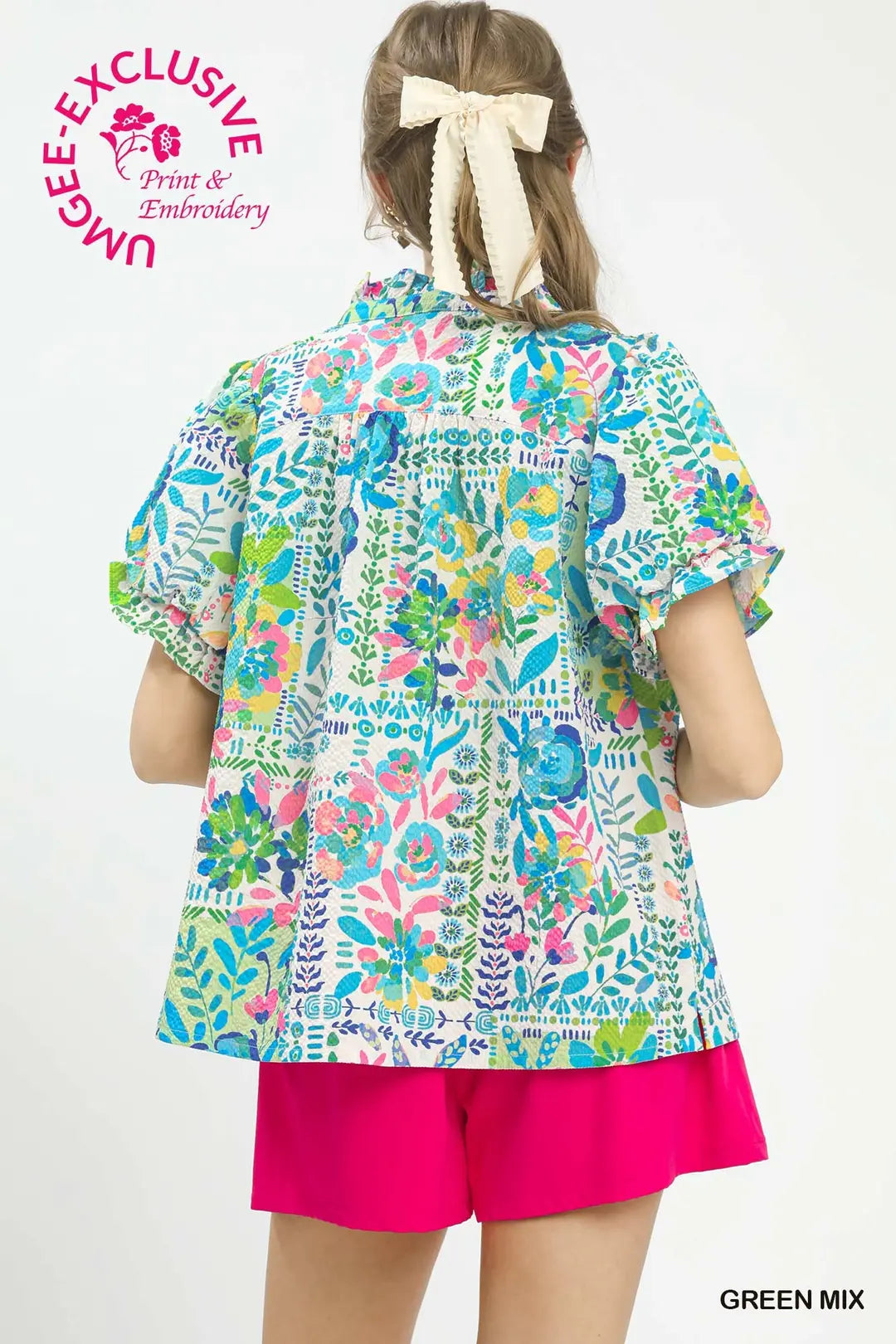 Umgee Botanical Print Flutter Sleeve Blouse