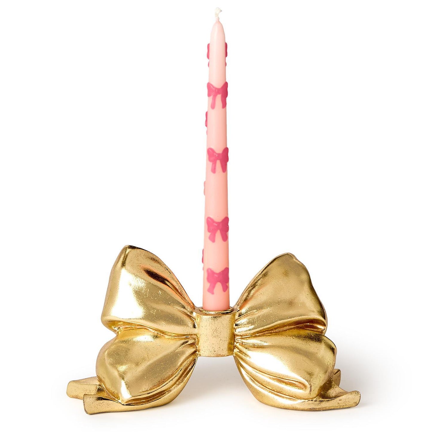 TWO'S COMPANY LARGE GOLD BOW TAPER CANDLEHOLDER