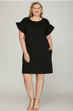 SHE & SKY RUFFLED SLEEVE QUILTED KNIT DRESS WITH SIDE POCKETS